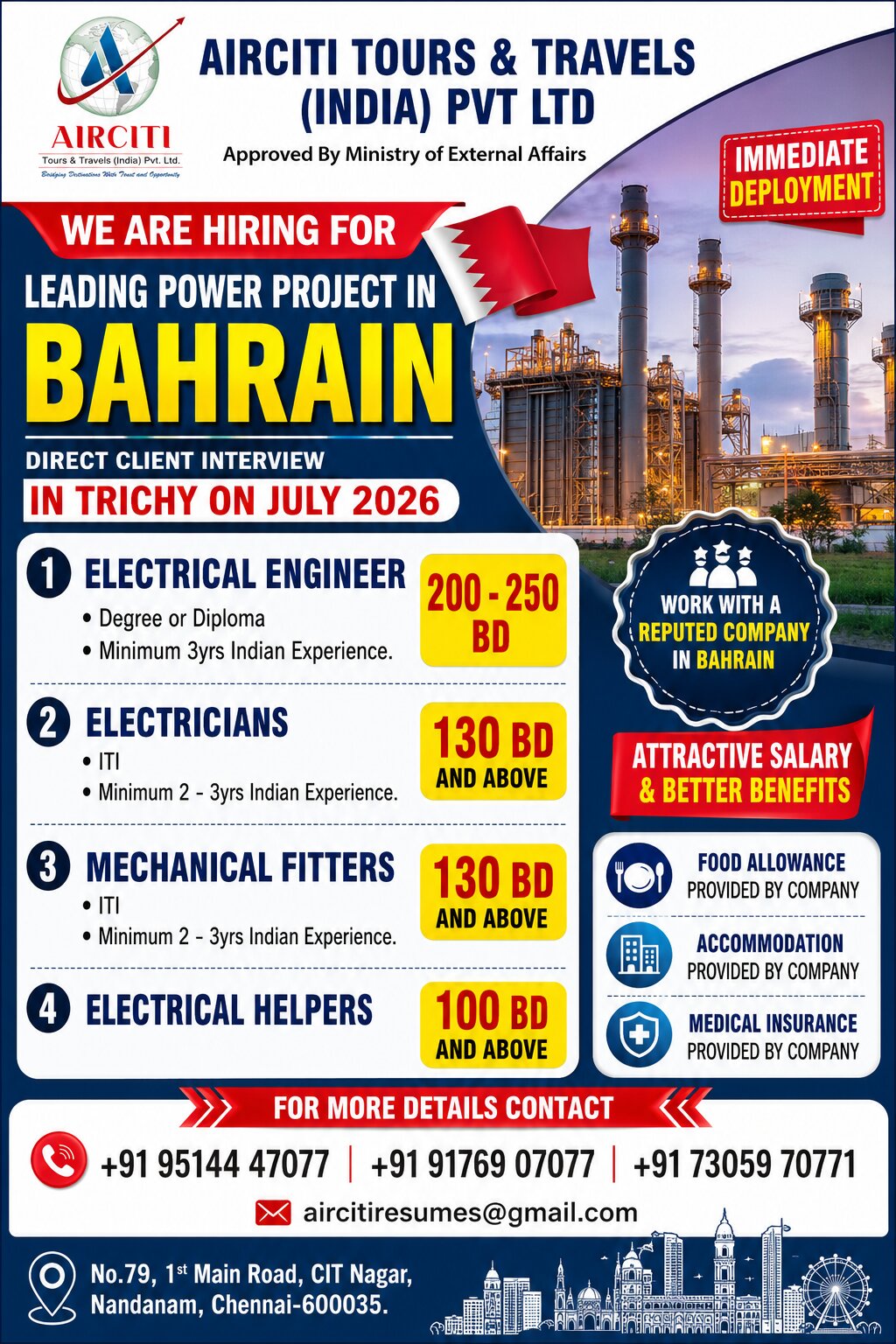 We are Hiring for Leading Power project in Bahrain