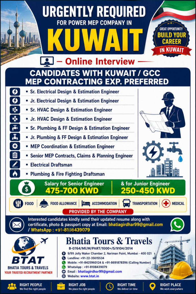 URGENTLY REQUIRED FOR POWER MEP COMPANY IN KUWAIT