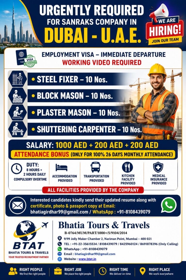 URGENTLY REQUIRED FOR SANRAKS COMPANY IN DUBAI – U.A.E.