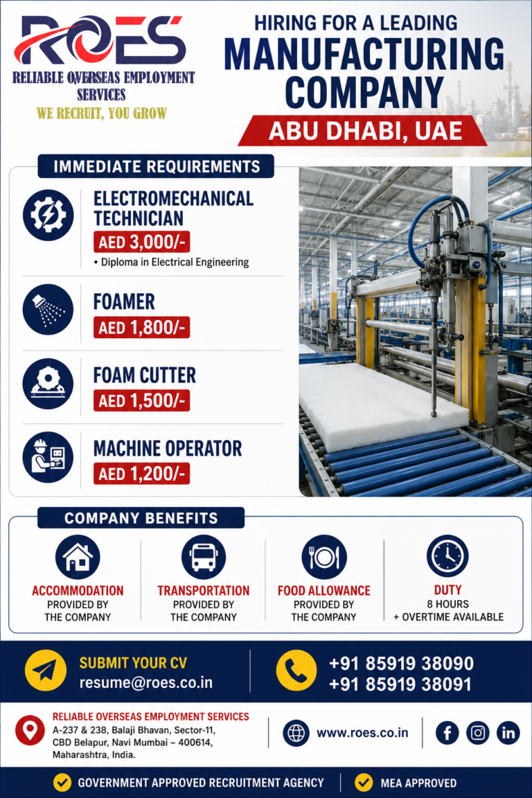 HIRING FOR A LEADING MANUFACTURING COMPANY – ABU DHABI, UAE