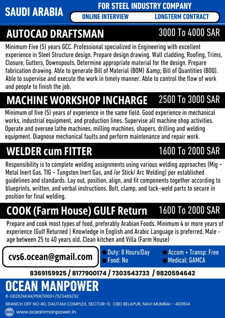Saudi Arabia Steel Industry Jobs – Ocean Manpower Hiring 4 Saudi Arabia Steel Industry Jobs – Ocean Manpower Hiring