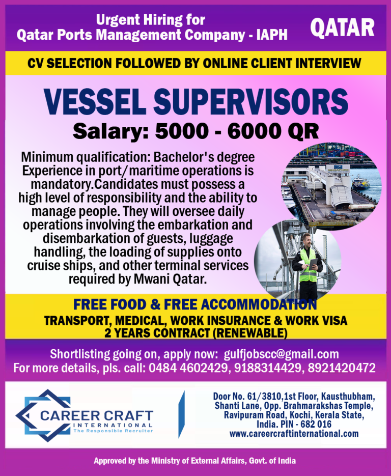 Urgent requirement of Vessel Supervisor for Qatar –