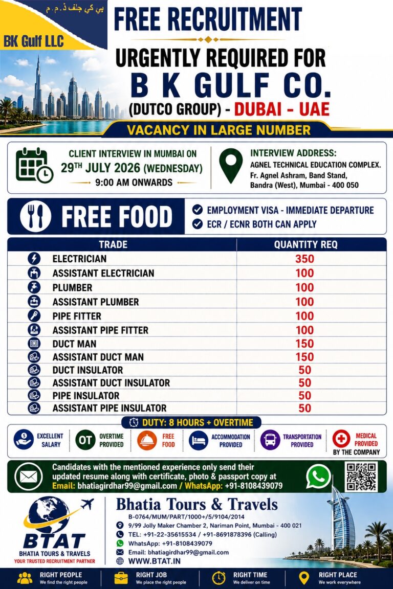 URGENTLY REQUIRED FOR B K GULF CO. (DUTCO GROUP) – DUBAI – UAE