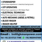CIVIL FOREMAN/ STOREKEEPER/ STP OPERATORS/ ELECTRICAL TECHNICIAN/ AUTO MECHANIC/ BLOCK MASON/ MASON HELPER