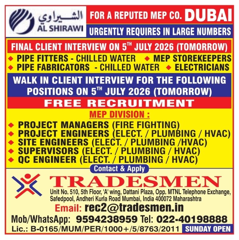 Dubai MEP Jobs – Free Recruitment at Tradesmen