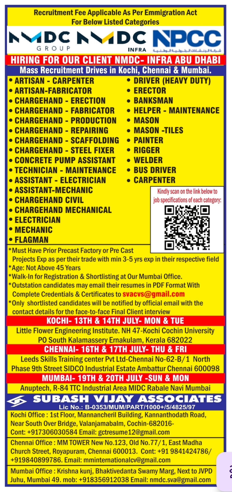 Abu Dhabi NMDC Infra Jobs – Mass Hiring by Subash Vijay Associates