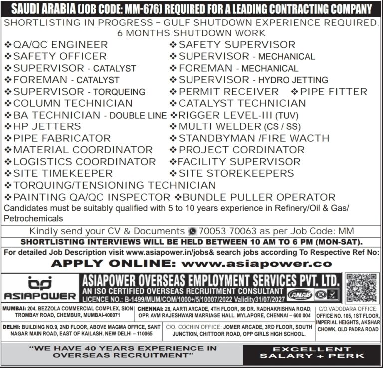 Saudi Arabia Shutdown Jobs – Urgent Hiring at Asiapower