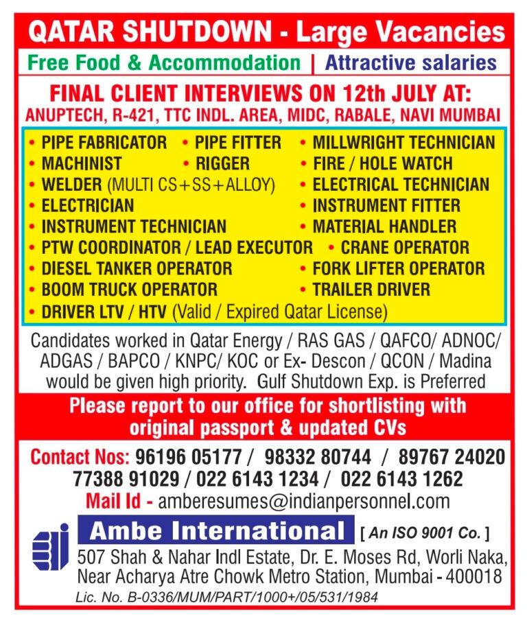 Qatar Shutdown Jobs – Large Vacancies at Ambe International