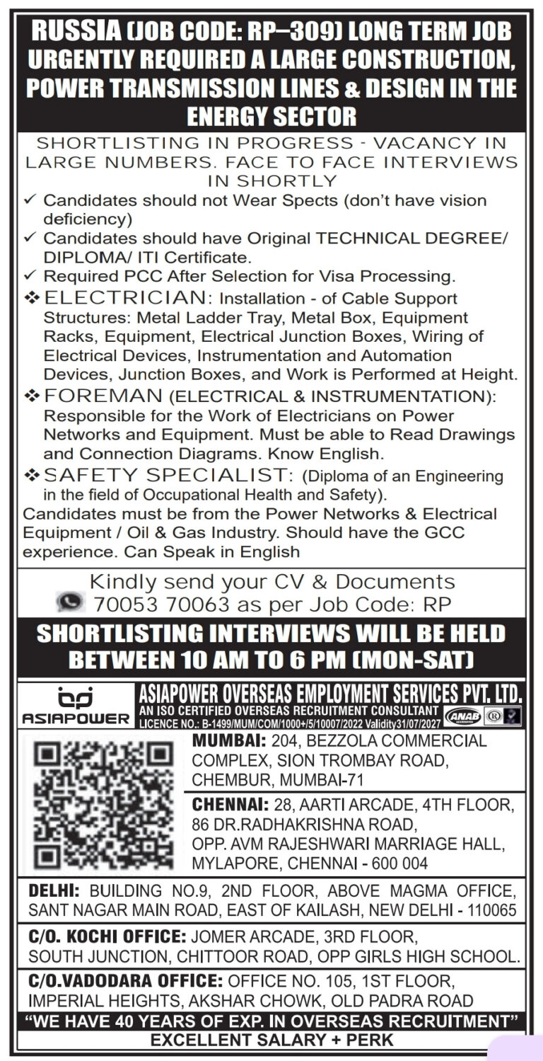 Russia Job Vacancy – Urgent Hiring at Asiapower Overseas