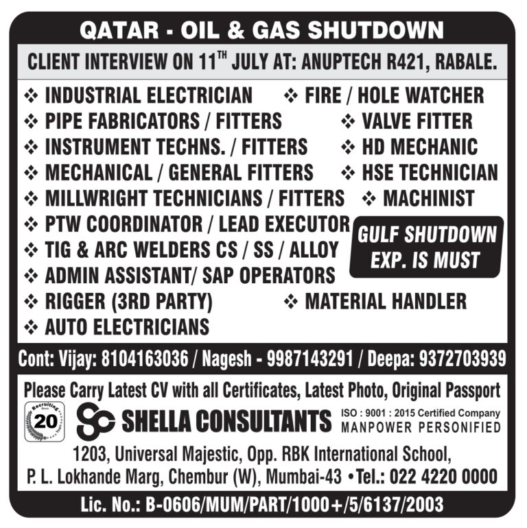 Qatar Oil & Gas Shutdown Jobs – Shella Consultants Hiring 8 Qatar Oil & Gas Shutdown Jobs – Shella Consultants Hiring