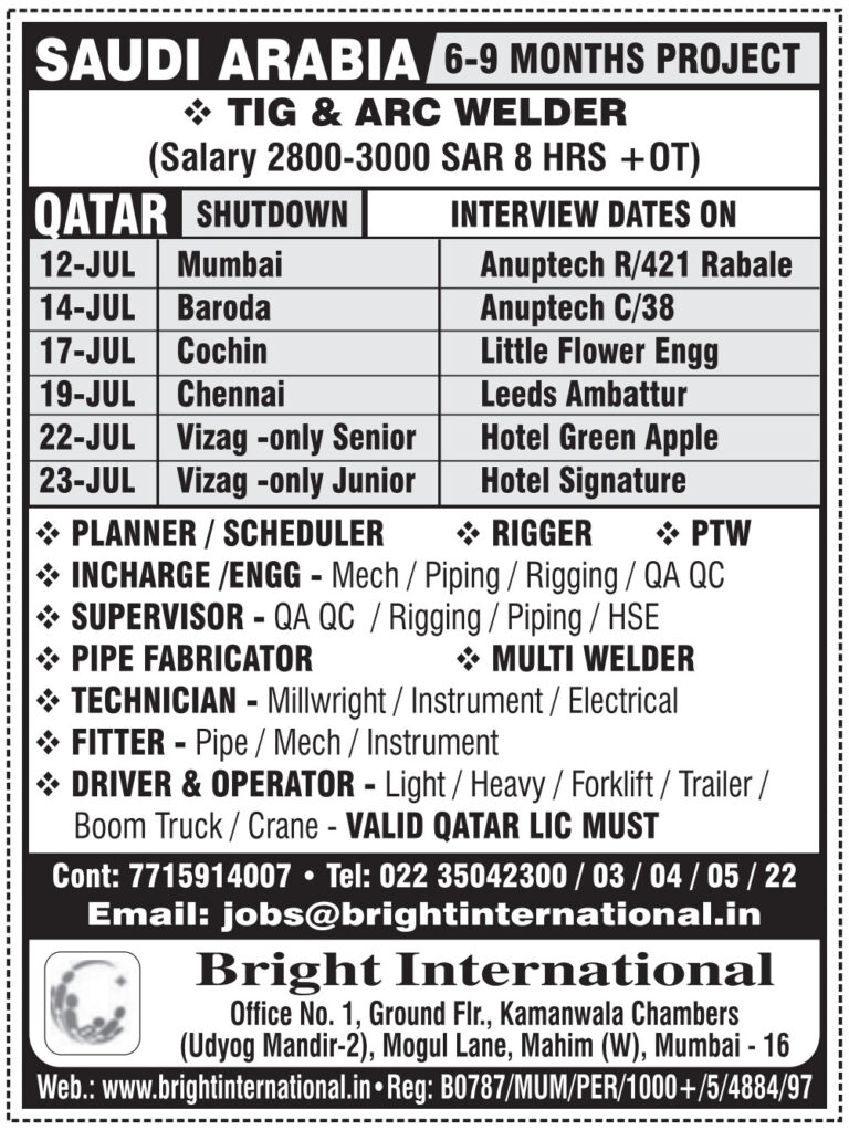 Qatar & Saudi Arabia Shutdown Jobs – Bright International Hiring 5 Qatar & Saudi Arabia Shutdown Jobs – Bright International Hiring