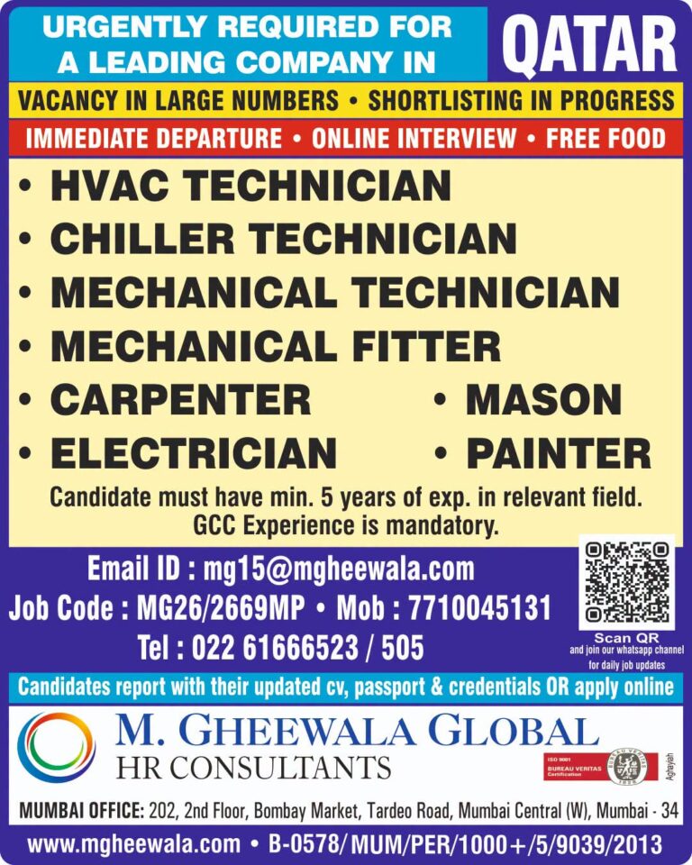 Qatar Job Vacancy – Urgent Hiring at M. Gheewala Global