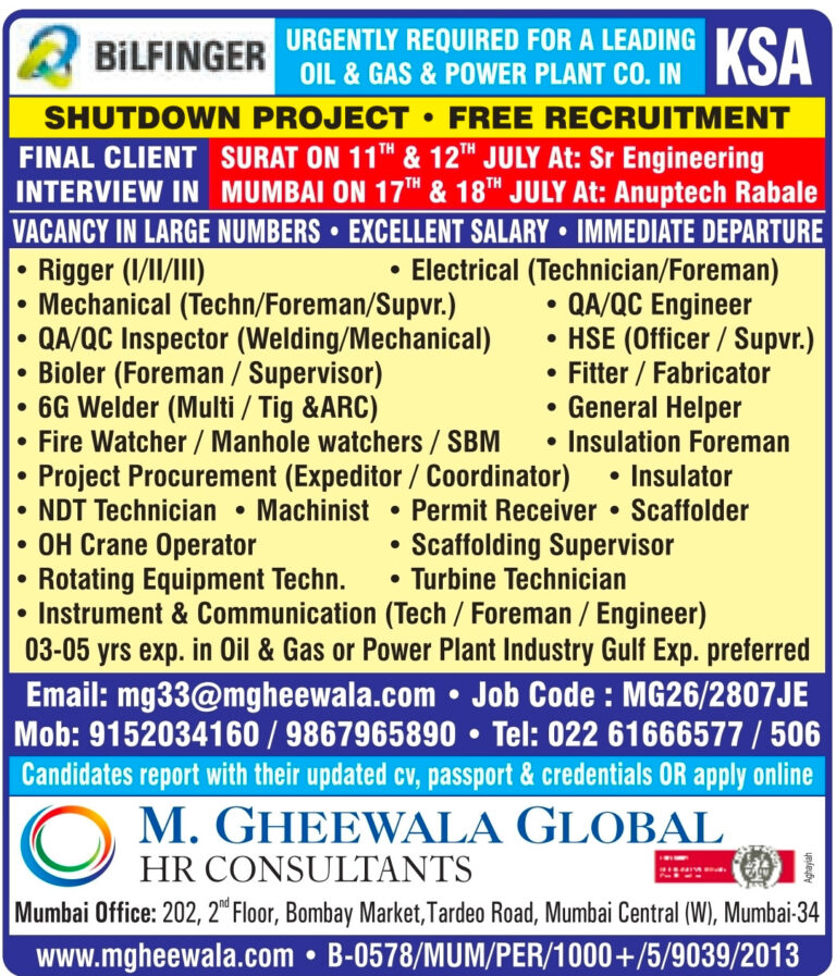 Saudi Arabia Shutdown Jobs – Free Recruitment at M. Gheewala
