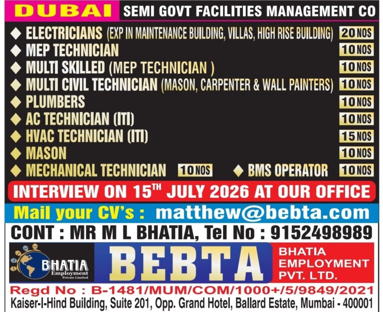 Dubai Job Vacancy – Urgent Hiring at Bhatia Employment
