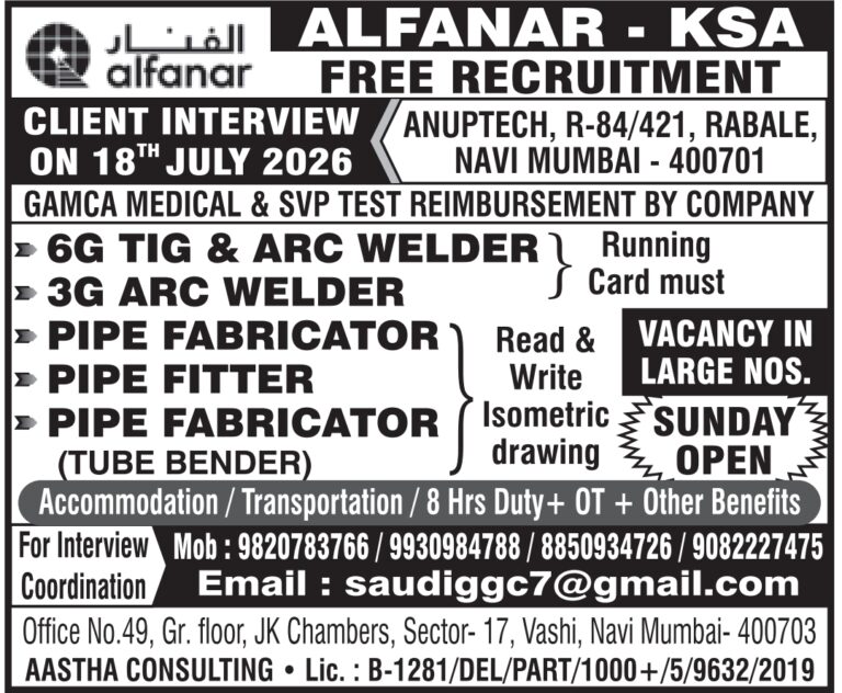 Saudi Arabia Jobs for Alfanar – Free Recruitment by Aastha Consulting