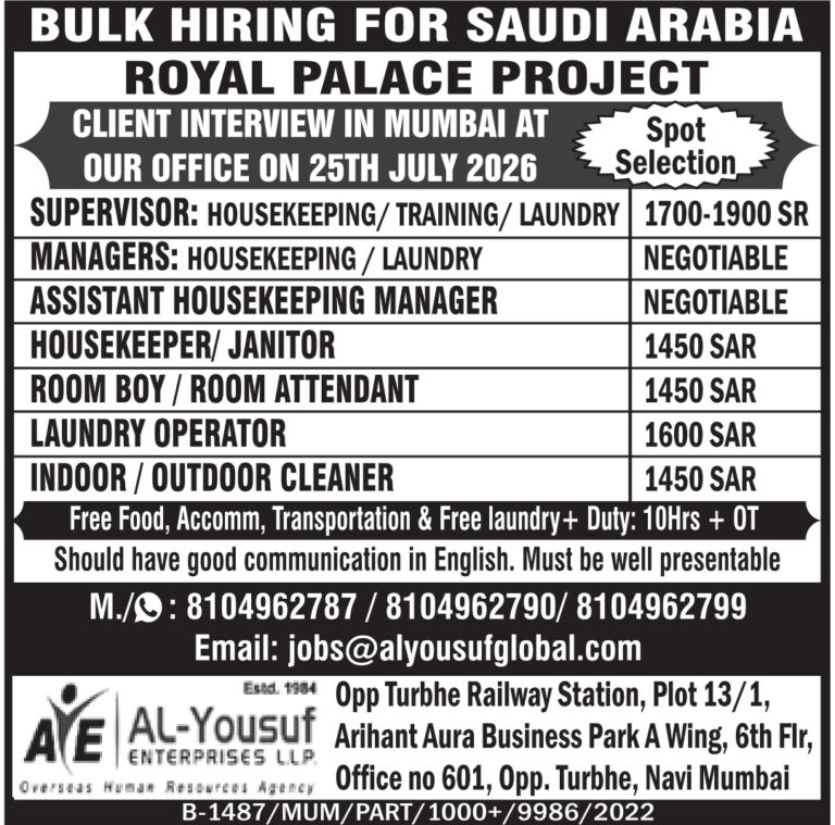 Saudi Arabia Jobs – Royal Palace Project at Al-Yousuf Enterprises