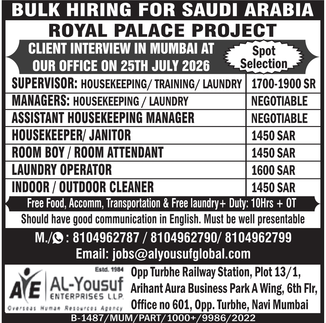 Saudi Arabia Jobs – Royal Palace Project at Al-Yousuf Enterprises