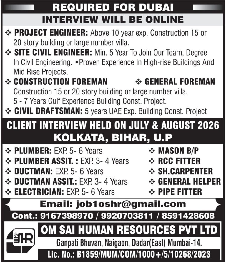 Dubai Job Vacancy – Urgent Hiring at Om Sai Human Resources