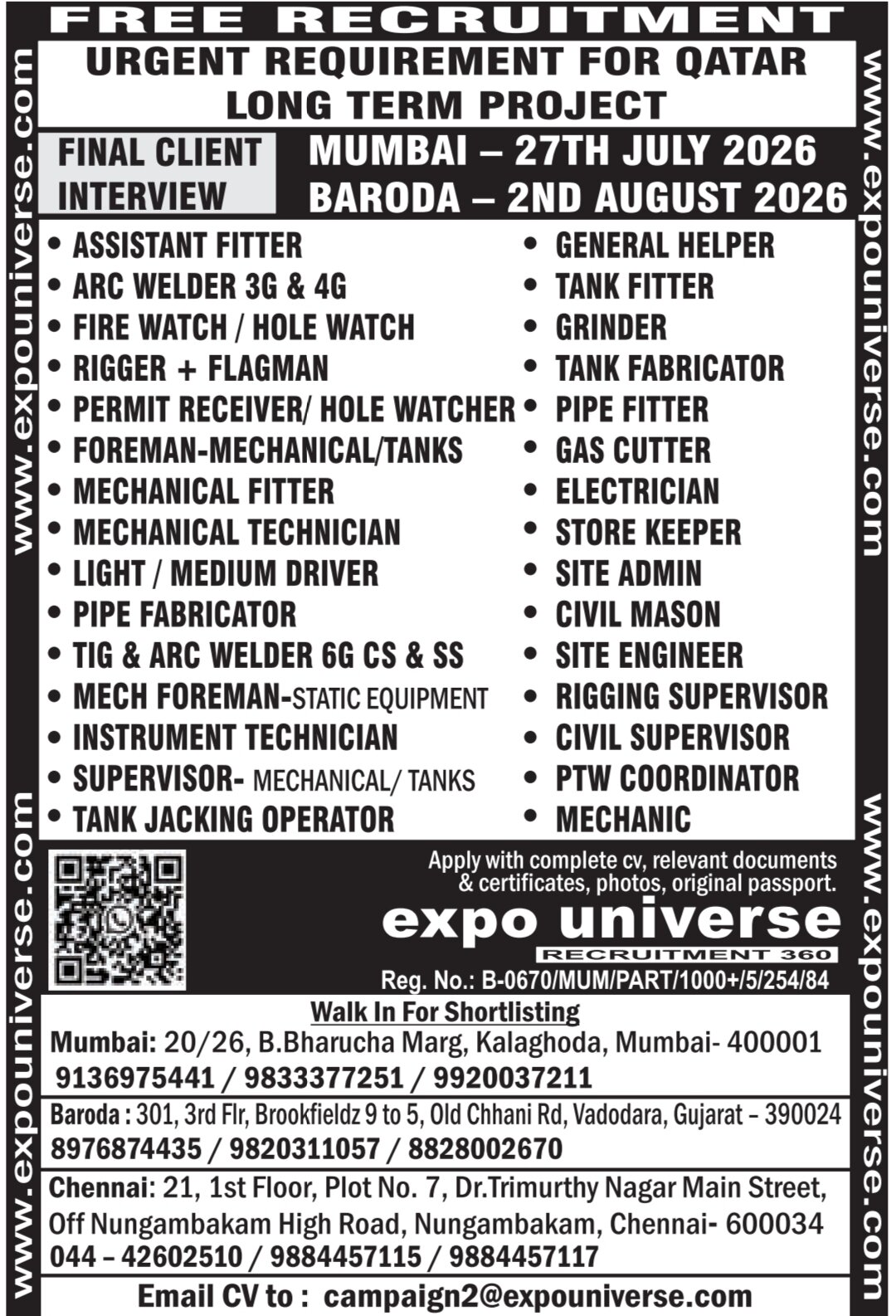 Qatar Job Vacancy – Urgent Hiring at Expo Universe Recruitment