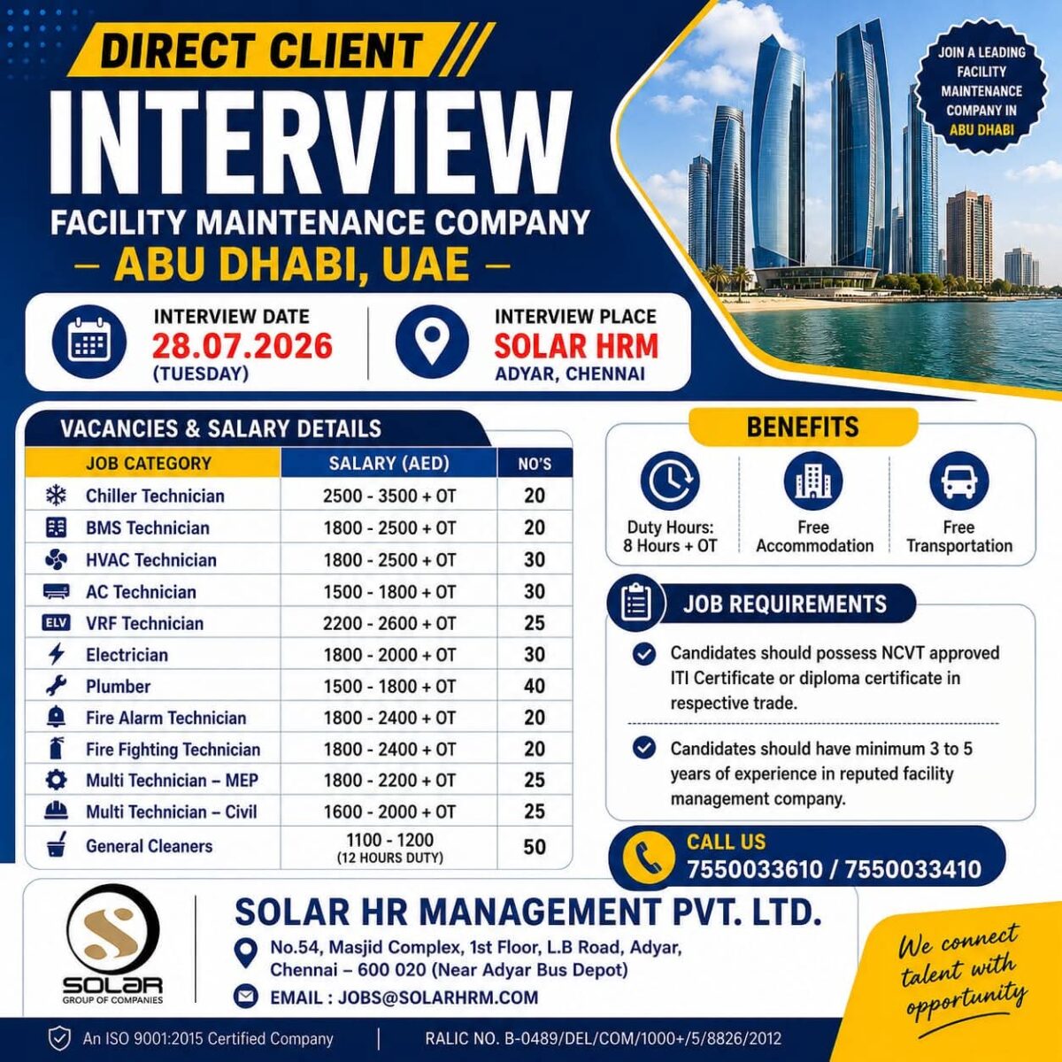 Abu Dhabi Facility Maintenance Jobs – Direct Client Interview at Solar HRM