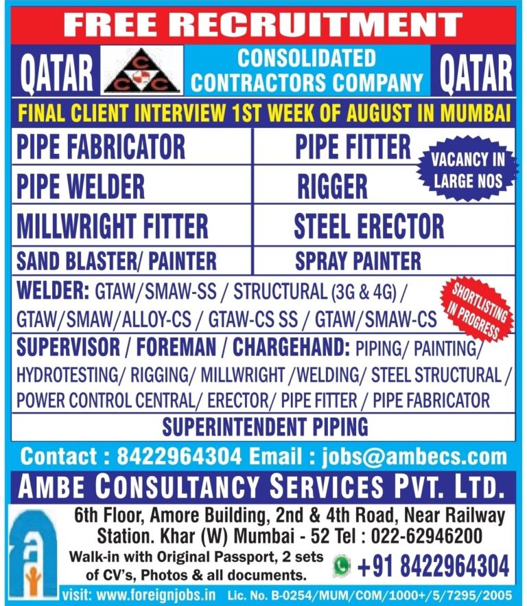 Qatar Job Vacancy – Pipe Fabricator & Welder at Consolidated Contractors
