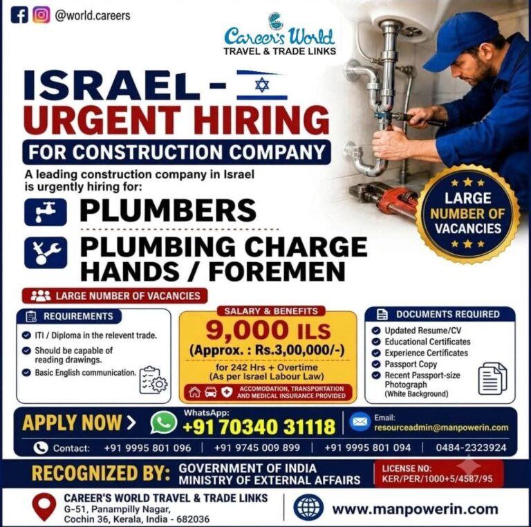 Israel Job Vacancy – Urgent Hiring Plumbers at Careers World