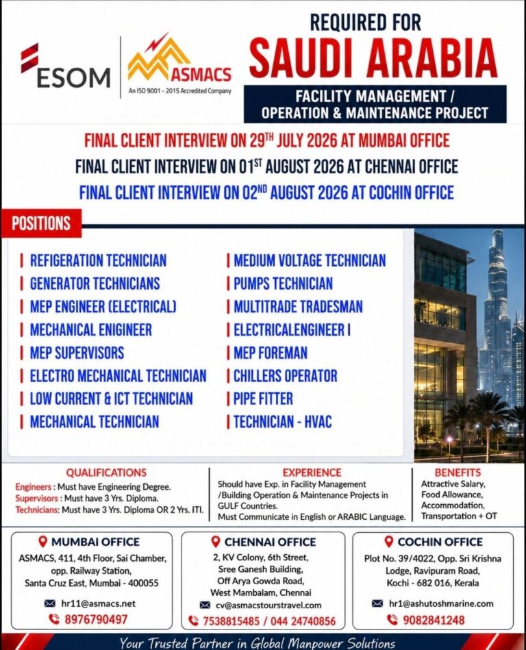 Saudi Arabia Job Vacancy – Urgent Hiring at ASMACS