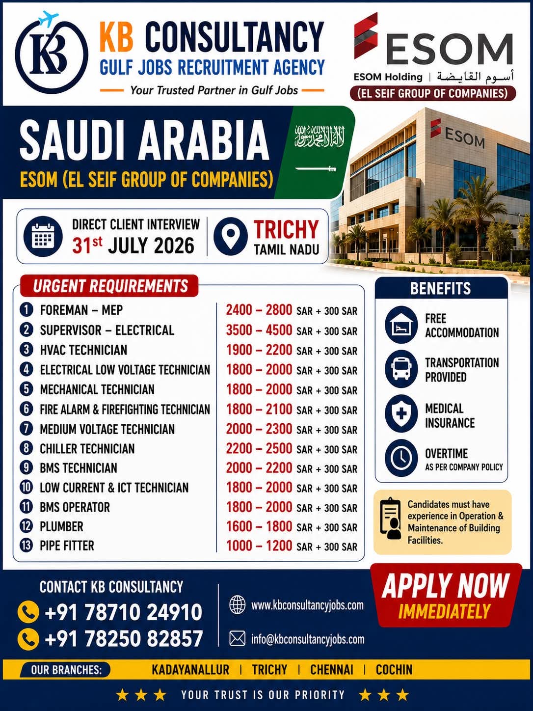 Saudi Arabia Job Vacancy – Urgent Hiring at KB Consultancy