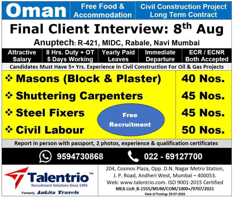Oman Civil Construction Jobs – Urgent Hiring at Talentrio