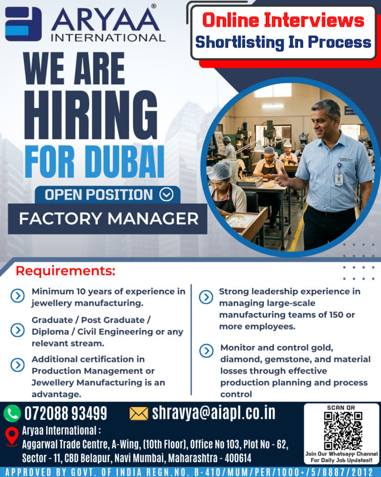 We Are Hiring: Factory Manager for Dubai