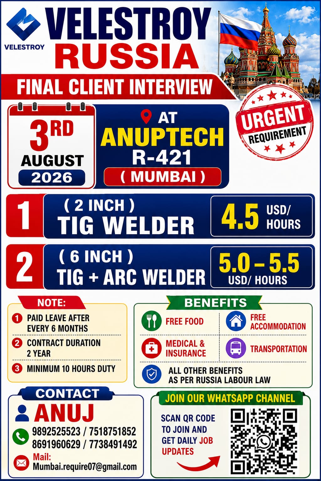 Russia Job Vacancy – Urgent Hiring for Welders at Anuptech