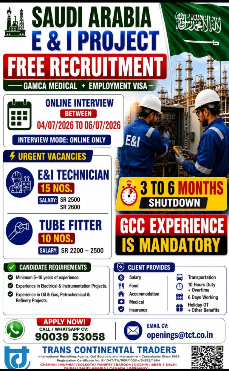 Saudi Arabia E&I Jobs – Free Recruitment at Trans Continental Traders