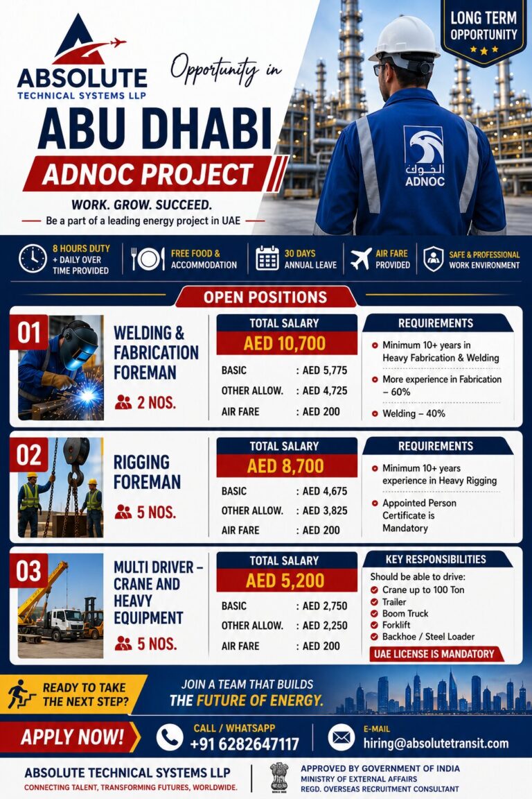 Abu Dhabi ADNOC Project Jobs – Absolute Technical Systems LLP