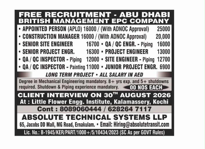 Abu Dhabi Job Vacancy – Free Recruitment at Absolute Technical Systems