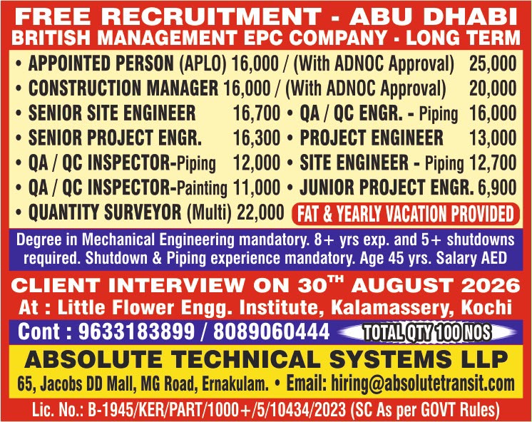 Abu Dhabi Job Vacancy – Free Recruitment at Absolute Technical Systems