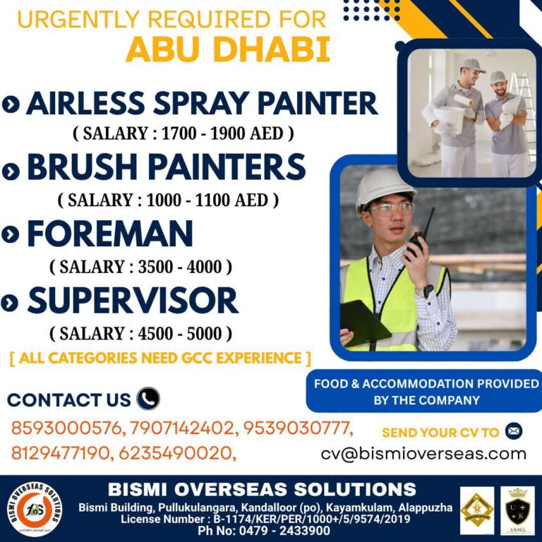 Abu Dhabi Job Vacancy – Urgent Hiring at Bismi Overseas Solutions