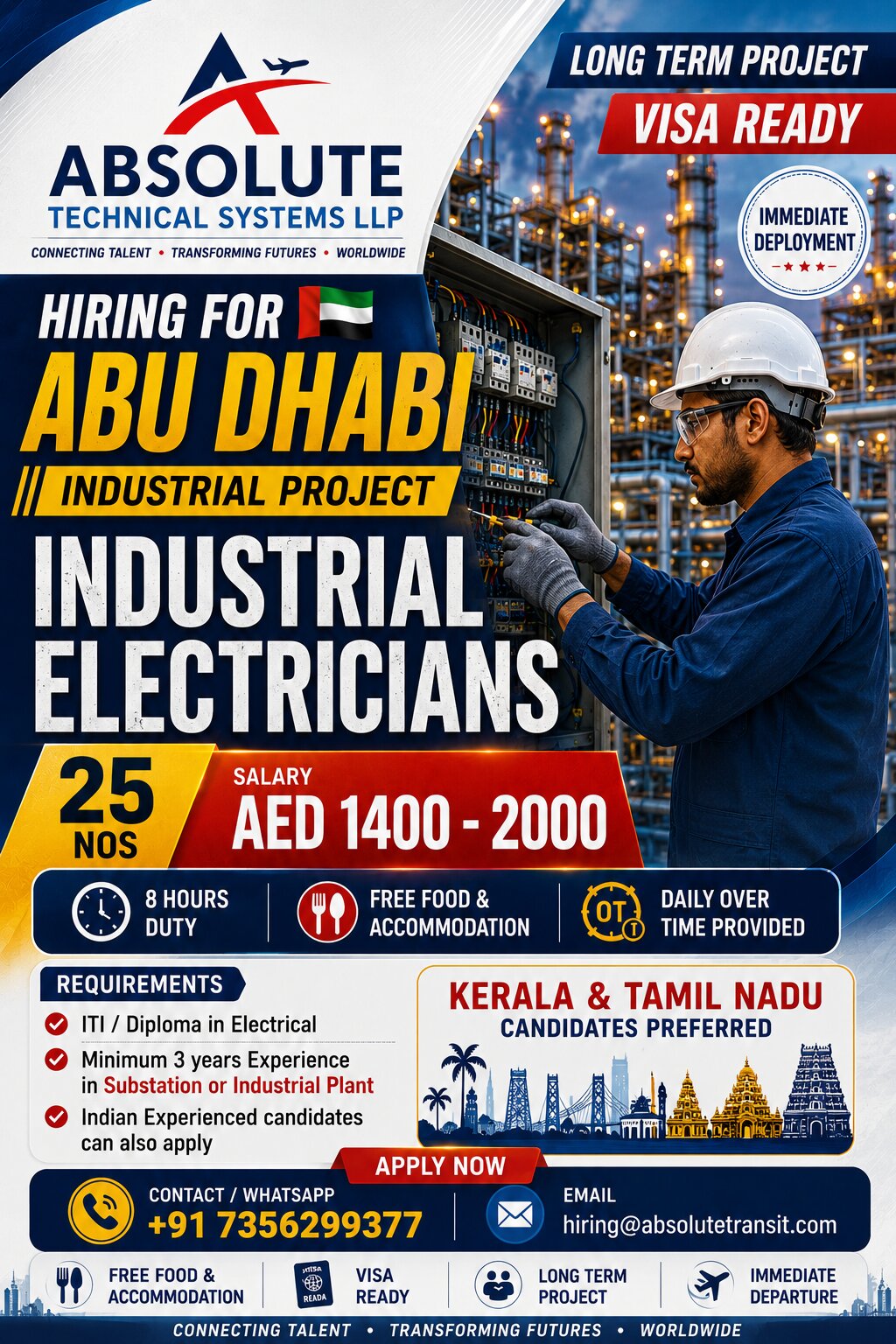 Abu Dhabi Job Vacancy – Industrial Electricians (25 Nos)
