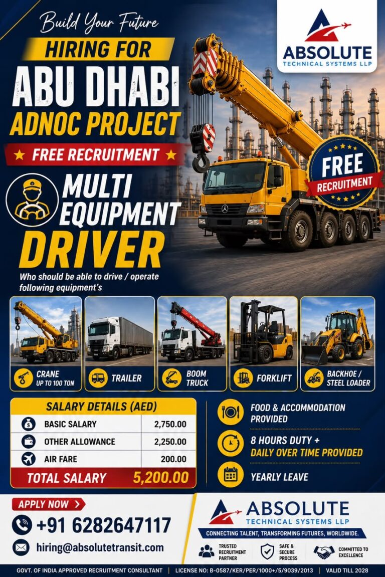 Abu Dhabi ADNOC Project – Free Recruitment for Equipment Drivers