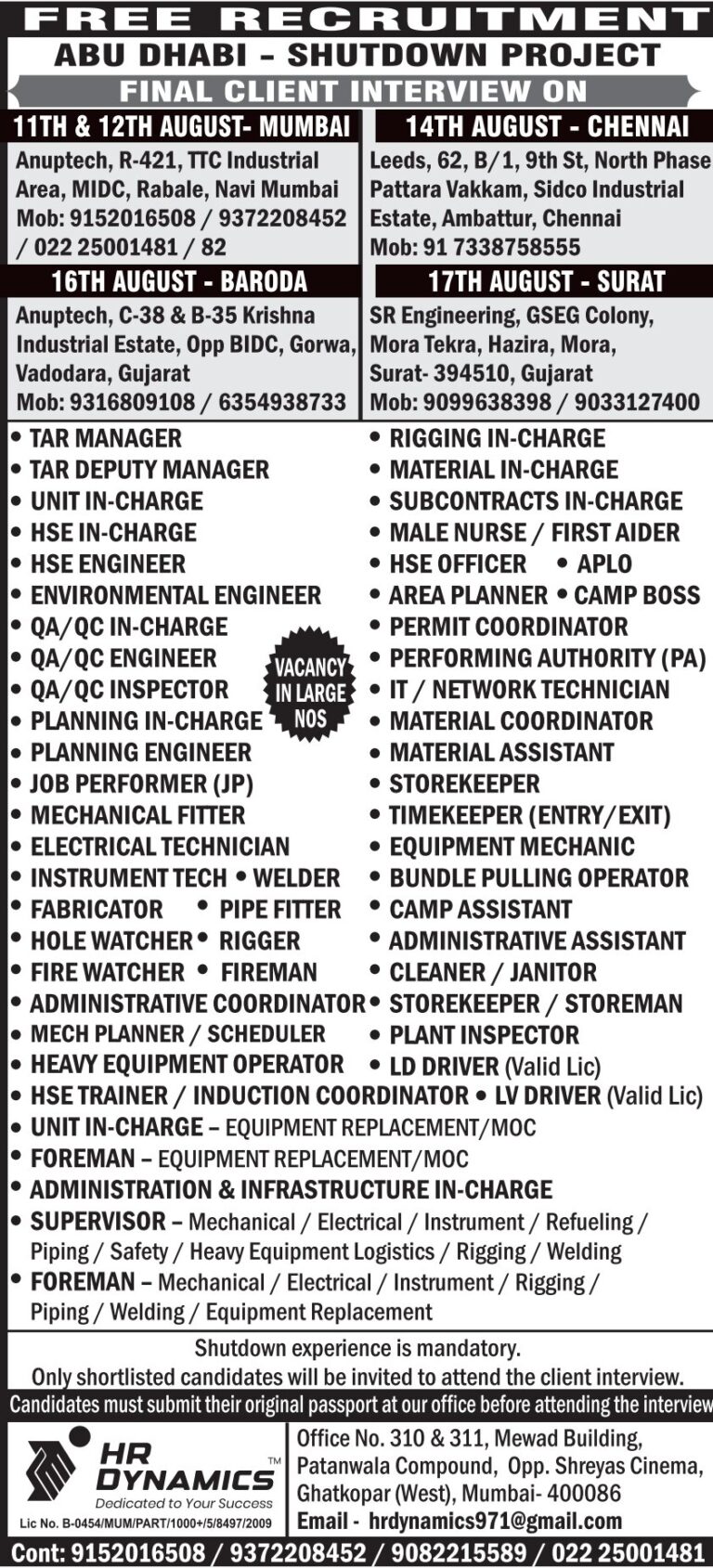 Abu Dhabi Shutdown Project Job Vacancy at HR Dynamics