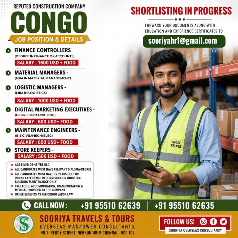 Congo Job Vacancy – Urgent Hiring at Sooriya Travels & Tours