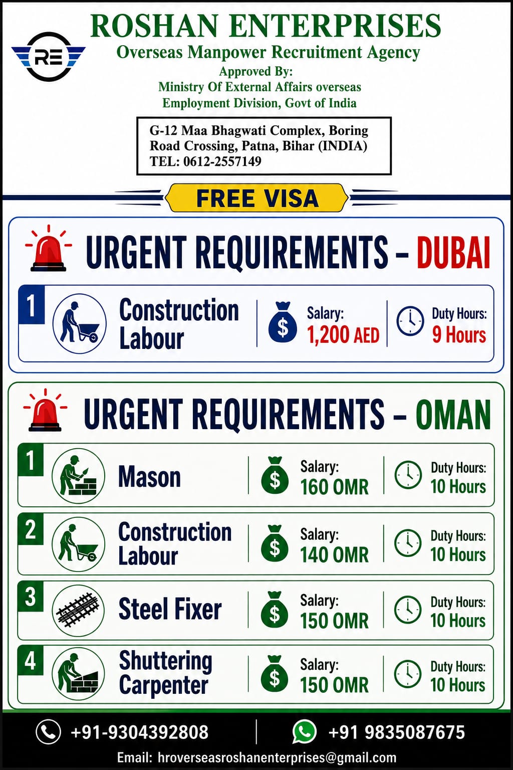 Dubai and Oman Job Vacancy at Roshan Enterprises