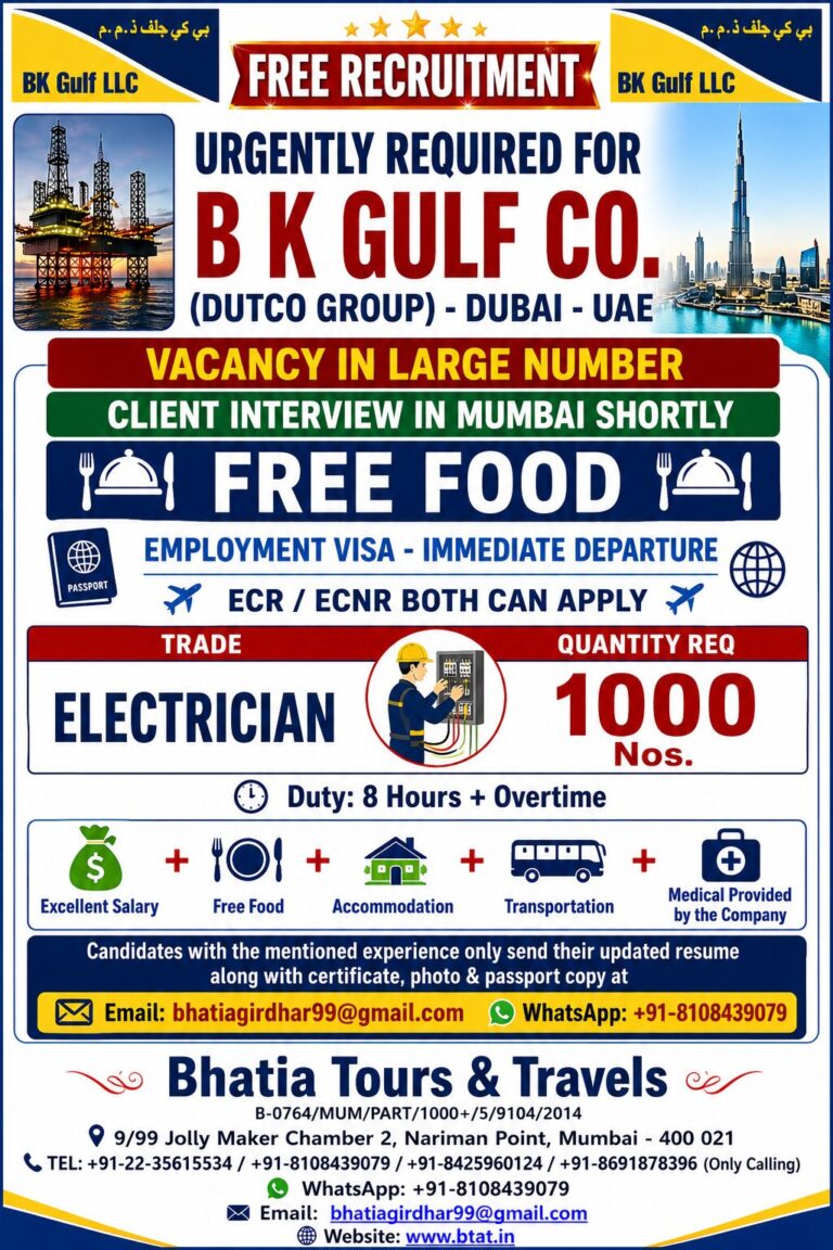 URGENTLY REQUIRED FOR B K GULF CO. (DUTCO GROUP) – DUBAI – UAE