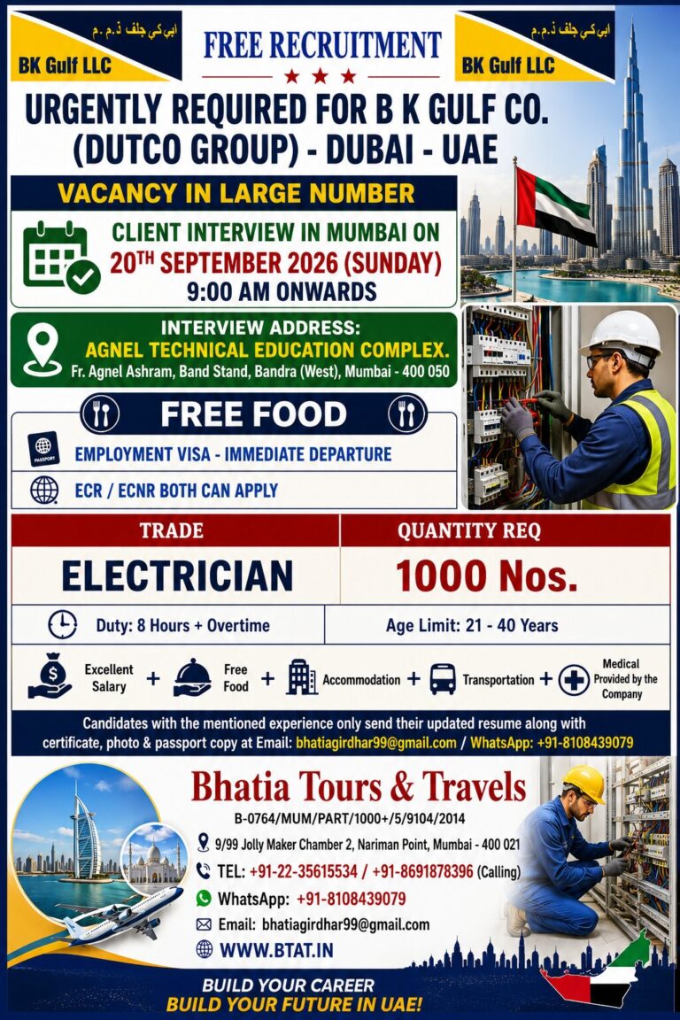 URGENTLY REQUIRED FOR B K GULF CO. (DUTCO GROUP) – DUBAI – UAE