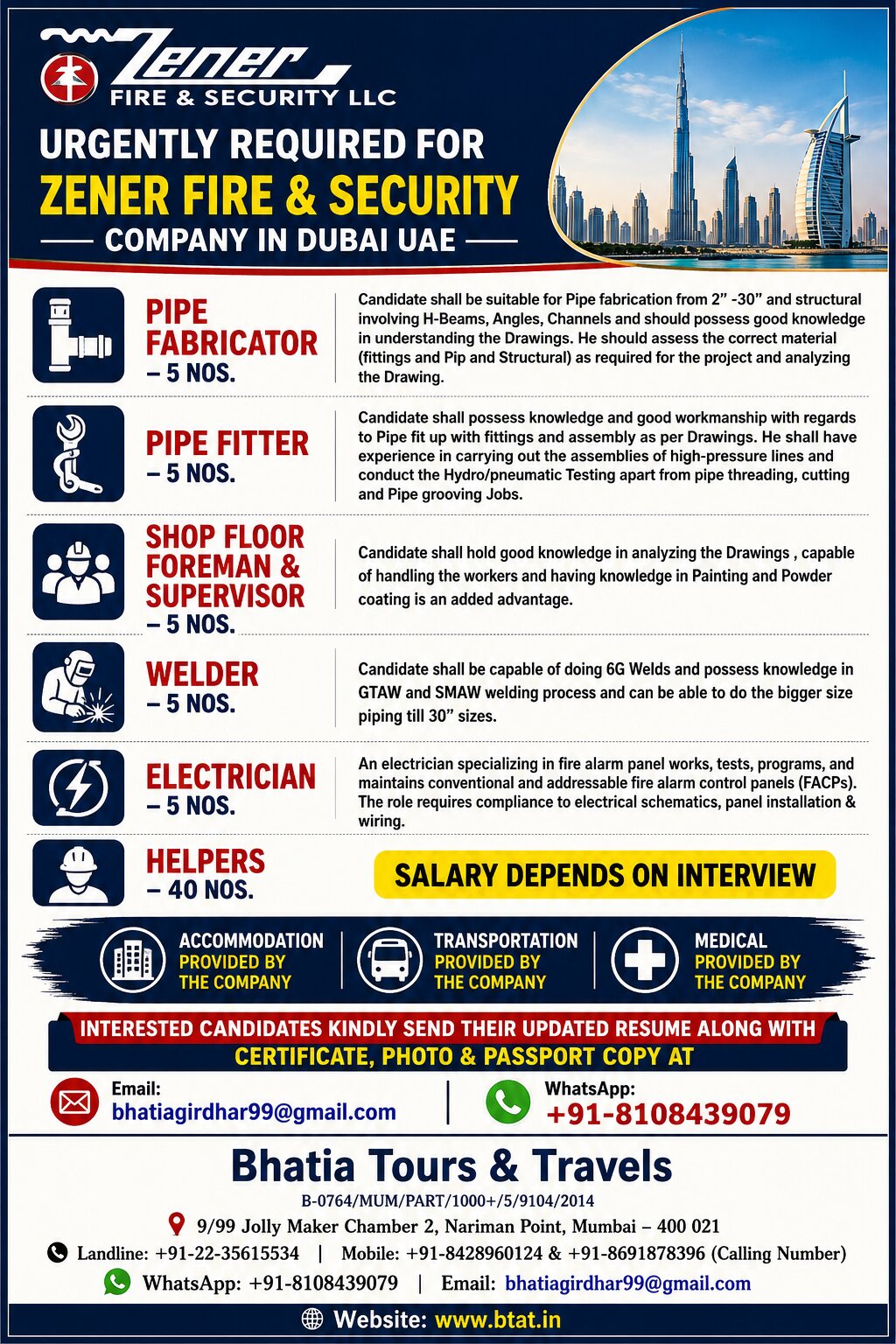 URGENTLY REQUIRED FOR ZENER FIRE & SECURITY COMPANY IN DUBAI UAE