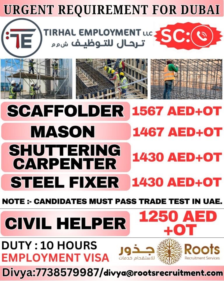 Dubai Job Vacancy – Urgent Hiring at Roots Recruitment Services