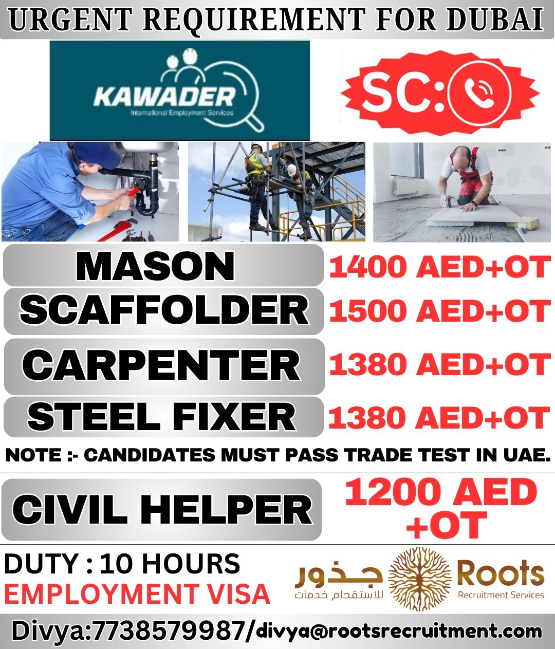 Dubai Job Vacancy – Urgent Hiring by Roots Recruitment Services