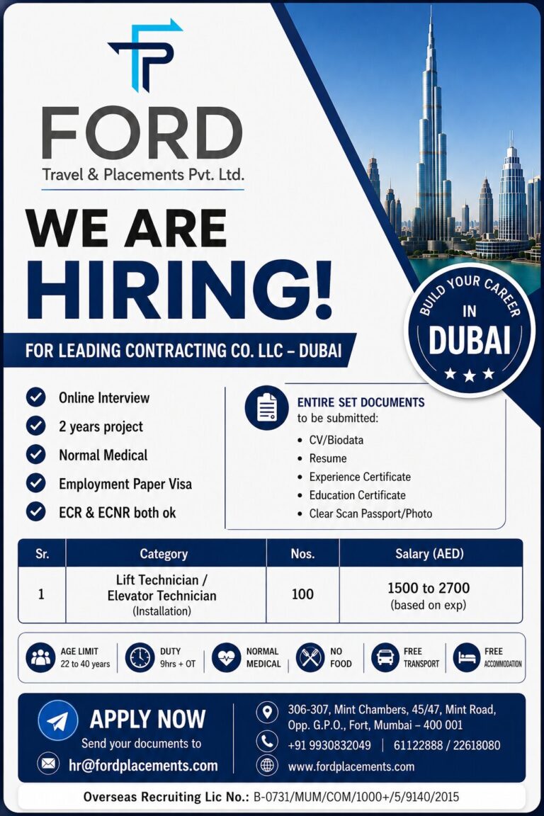 Dubai Job Vacancy – 100 Elevator Technicians Wanted