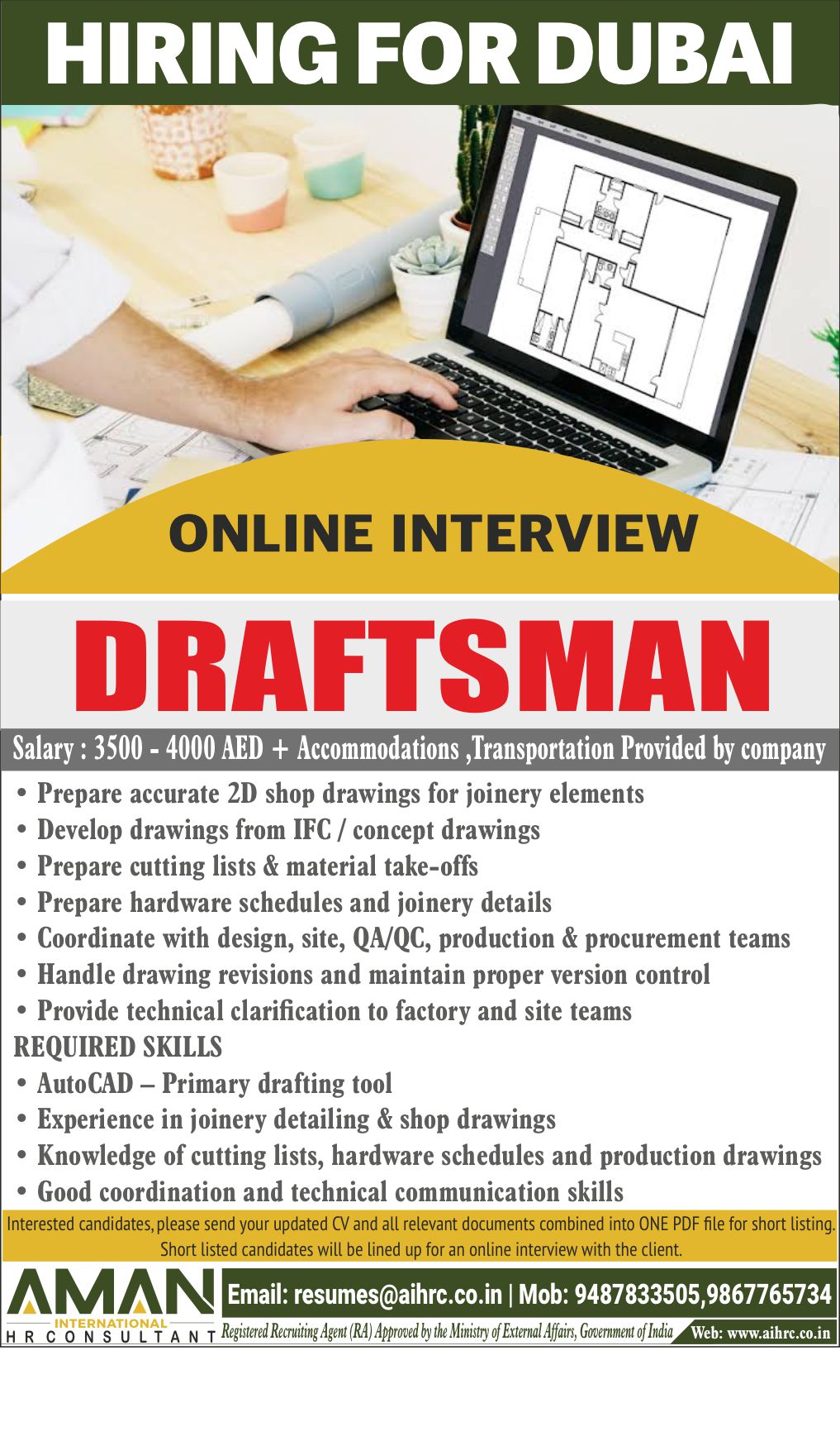 Dubai Job Vacancy – Draftsman Hiring at Aman International