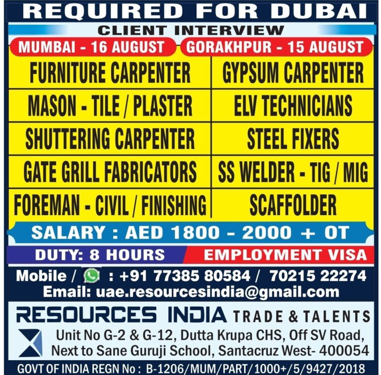 Dubai Job Vacancy - Urgent Hiring at Resources India 5 Dubai Job Vacancy – Urgent Hiring at Resources India