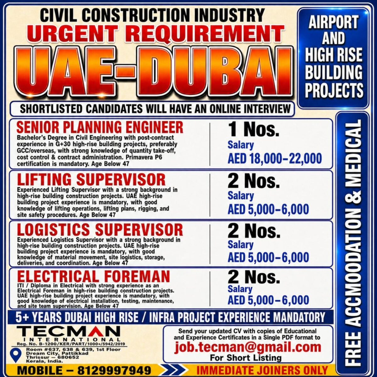 Dubai Job Vacancy – Urgent Hiring at Tecman International